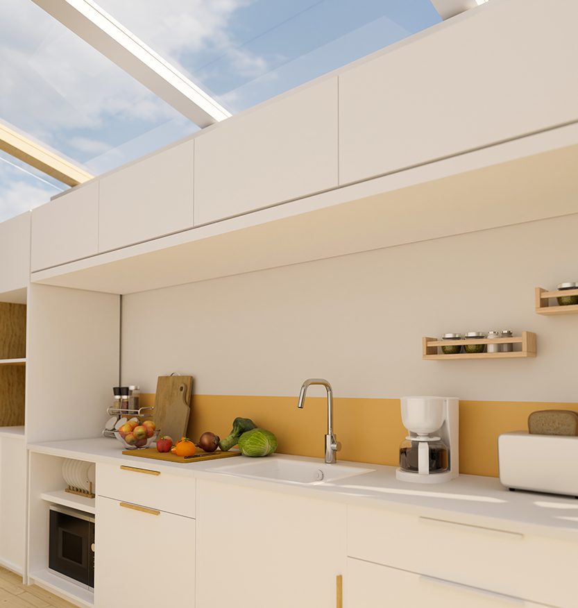 Modern luxury white kitchen interior design with white kitchen cabinet, kitchen appliances, sink, and glass roof